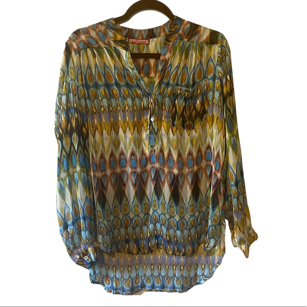 Nikki's Threads Blouse Top | Blue Green Peacock Print | Size Medium | Career